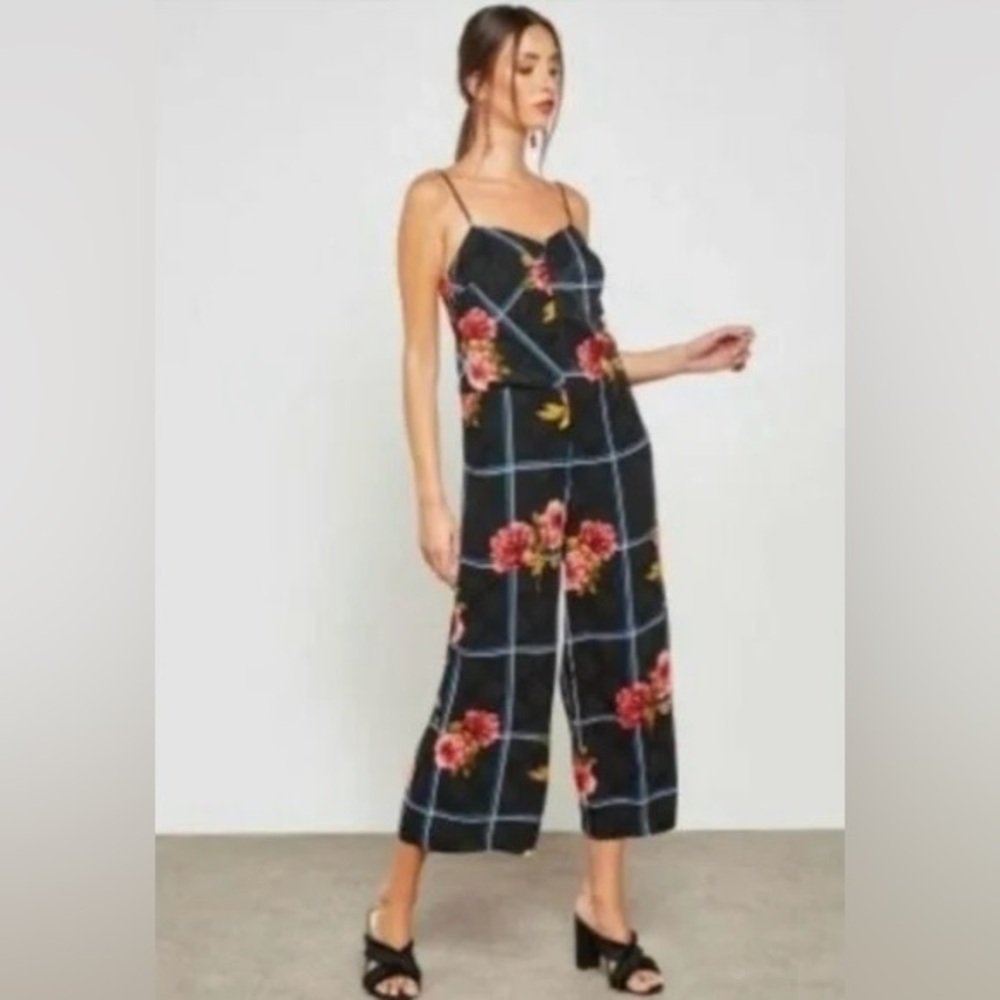 Topshop Grid Check Floral Jumpsuit Wide Cropped Leg Sleeveless Cami